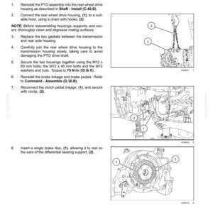 May include: Diagram of rear axle components with labels. Includes a hoist with chain and hooks, a rear wheel drive housing, and a brake disc. Instructions for installation are also present.