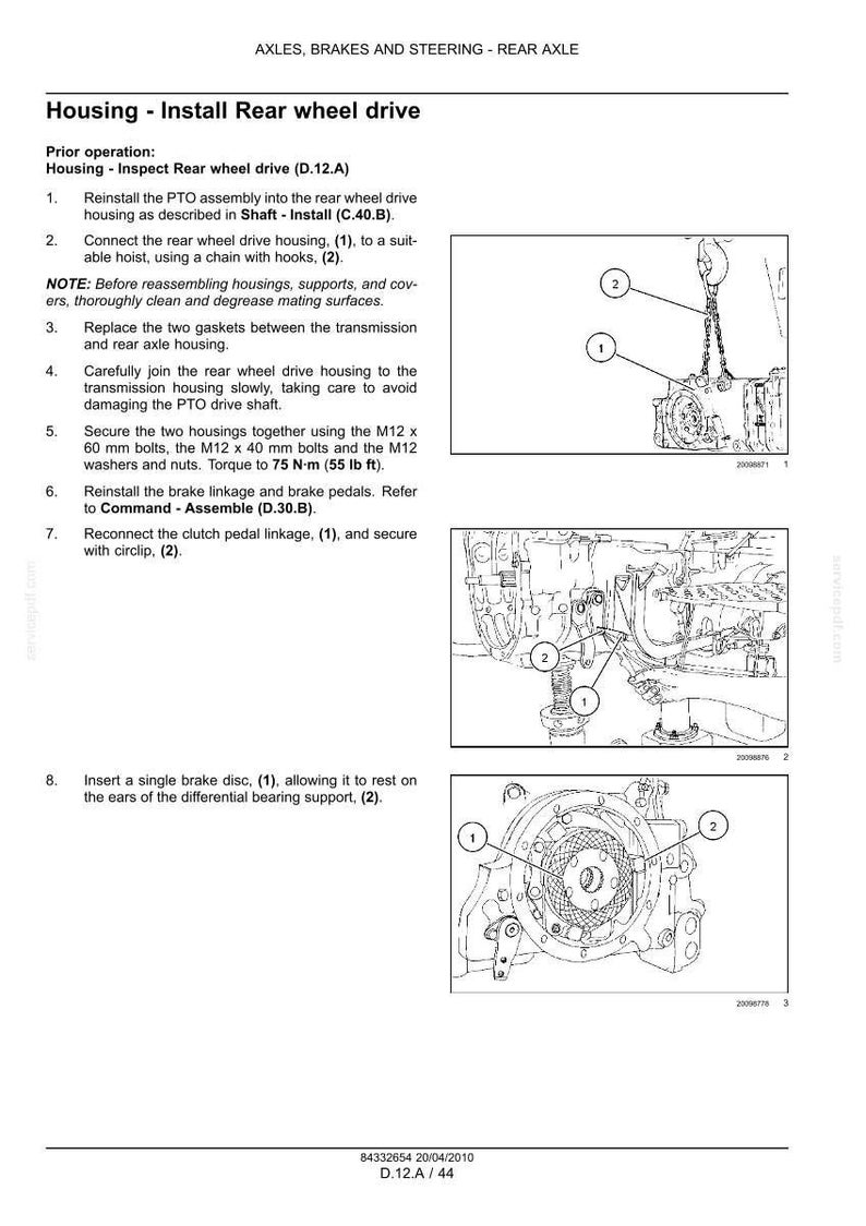 May include: Diagram of rear axle components with labels. Includes a hoist with chain and hooks, a rear wheel drive housing, and a brake disc. Instructions for installation are also present.