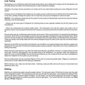 May include: A document titled "Safety rules Service precautionary statements climate control" with text about leak testing and refilling air conditioning systems. Includes information on refrigerant and leak detection methods. The document also mentions 25 oz of R134A refrigerant.