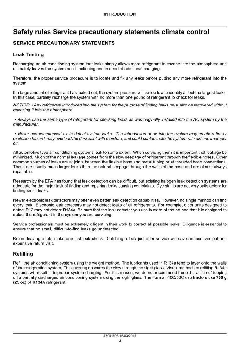 May include: A document titled "Safety rules Service precautionary statements climate control" with text about leak testing and refilling air conditioning systems. Includes information on refrigerant and leak detection methods. The document also mentions 25 oz of R134A refrigerant.