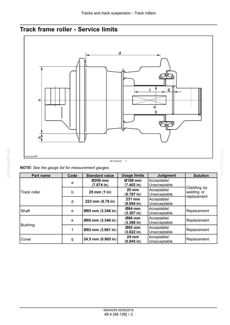 Op de afbeelding: Technische tekening van een looprolframe met servicelimieten. Bevat afmetingen in mm, met een tabel met onderdeelnamen, standaardwaarden en gebruikslimieten. De tekening is voorzien van metingen.