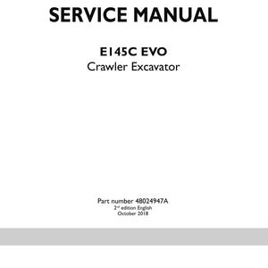 Puede incluir: Una portada de manual de servicio blanca con el t&iacute;tulo "SERVICE MANUAL" en letras negras en negrita. Debajo, el texto dice "E145C EVO Crawler Excavator". La parte inferior de la portada incluye el n&uacute;mero de pieza, los detalles de la edici&oacute;n y el logotipo de New Holland Construction.