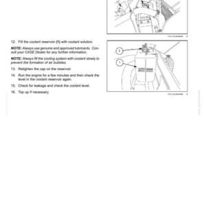 May include: Diagram illustrating coolant maintenance steps. Includes images of engine components with numbered labels. Text instructions detail removing caps, filling coolant, and checking levels. The page is labeled "7 - MAINTENANCE".
