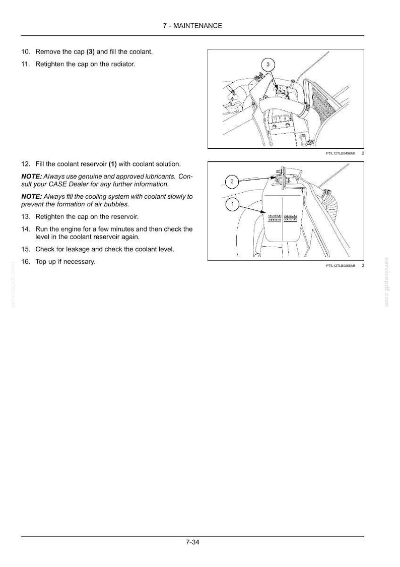 May include: Diagram illustrating coolant maintenance steps. Includes images of engine components with numbered labels. Text instructions detail removing caps, filling coolant, and checking levels. The page is labeled "7 - MAINTENANCE".