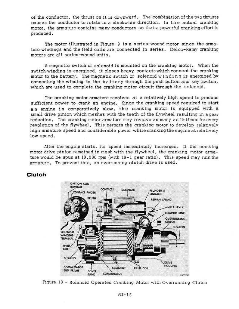 K&ouml;nnte beinhalten: Diagramm eines solenoidbet&auml;tigten Anlassermotors mit Freilaufkupplung. Beschriftete Komponenten umfassen Anker, Feldspule und Kommutator. Der Text unten lautet "Abbildung 10 - Solenoidbet&auml;tigter Anlassermotor mit Freilaufkupplung."