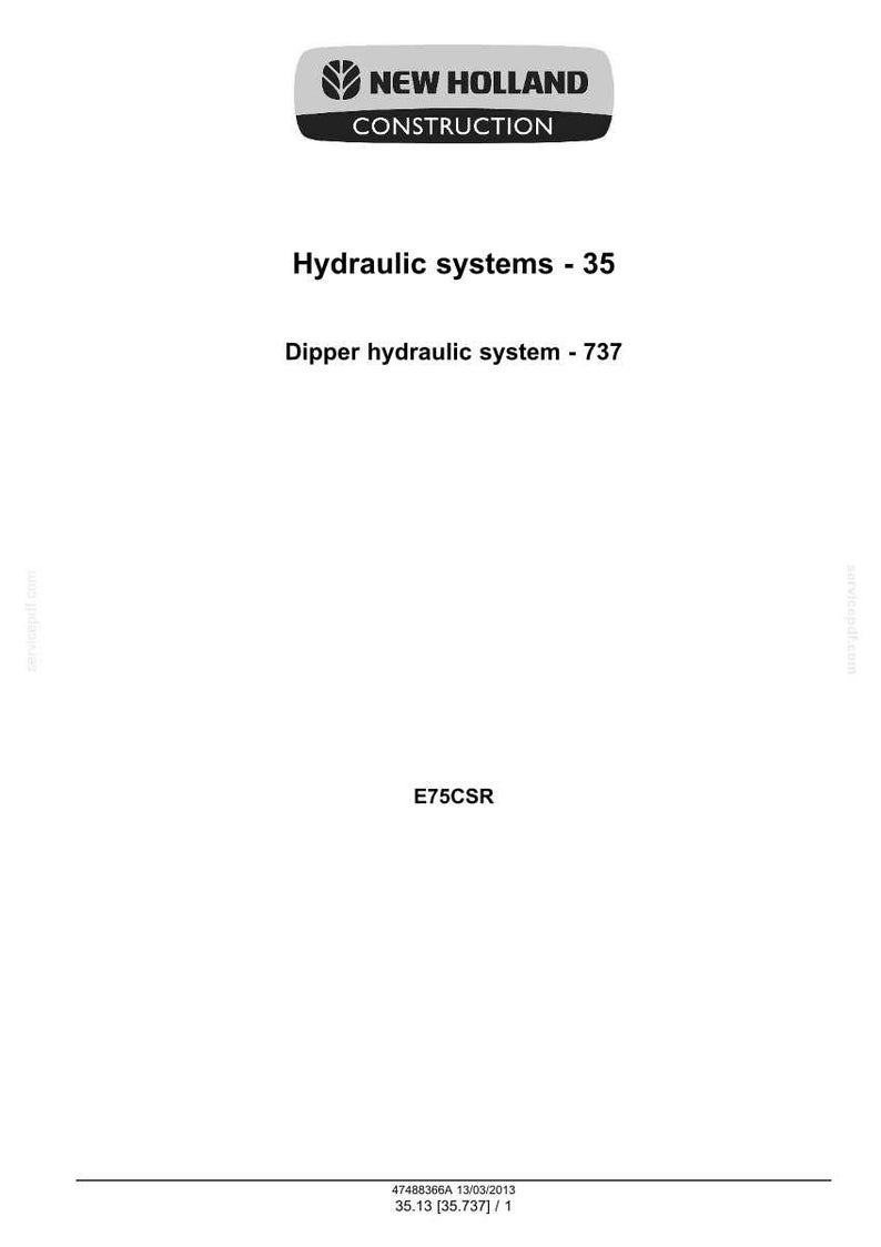 May include: A white document with the New Holland Construction logo at the top. Text includes "Hydraulic systems - 35", "Dipper hydraulic system - 737", and "E75CSR". The document also contains a date and measurement.