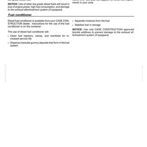 May include: A page from a maintenance manual detailing diesel fuel specifications and fuel conditioner instructions. The text includes warnings about fuel types, and the use of biocide additives. The page is white with black text.