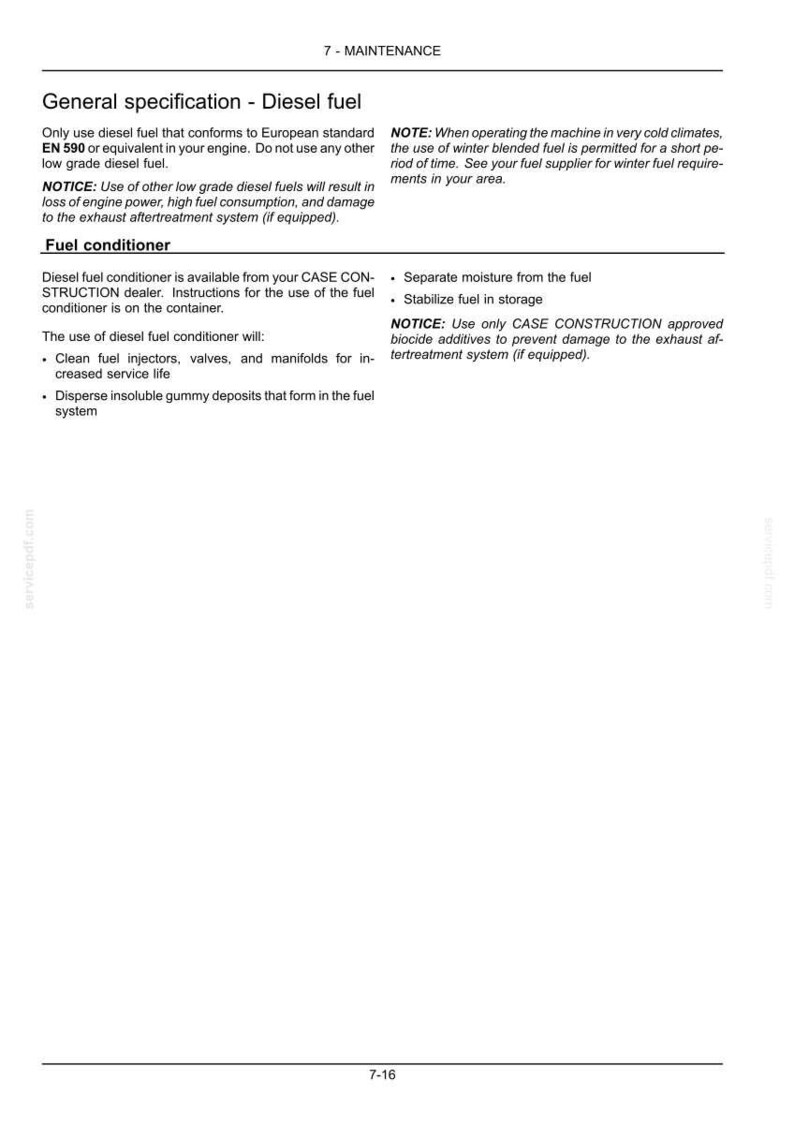 May include: A page from a maintenance manual detailing diesel fuel specifications and fuel conditioner instructions. The text includes warnings about fuel types, and the use of biocide additives. The page is white with black text.