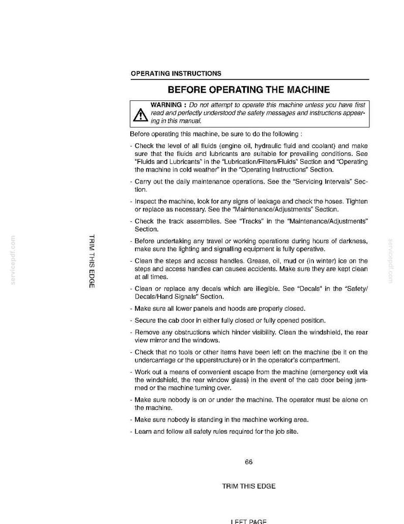 May include: A page from an operating manual with the title "Before Operating the Machine." The text includes safety warnings and instructions for machine operation, with a list of procedures to follow before use. The page is white with black text.