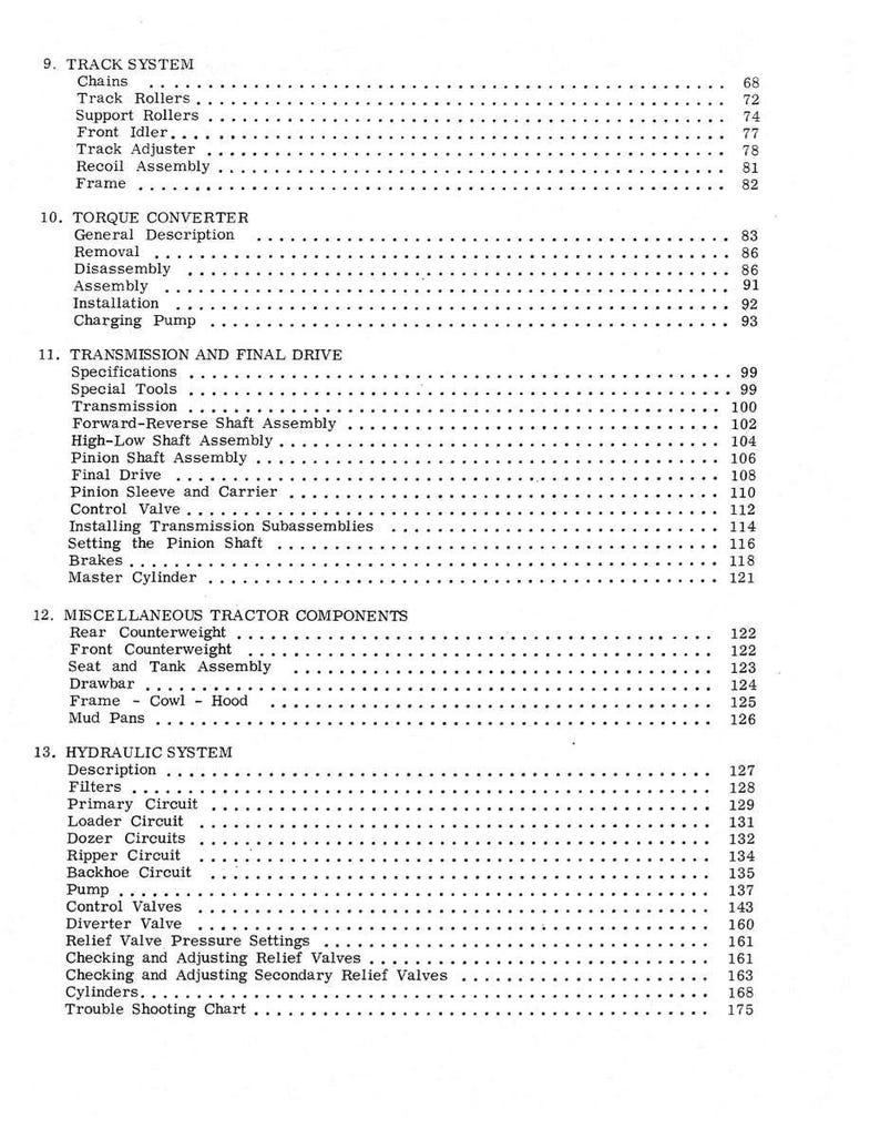 May include: A black and white printed page from a manual, detailing tractor system components. Sections include track system, torque converter, transmission, and hydraulic system, with page numbers.