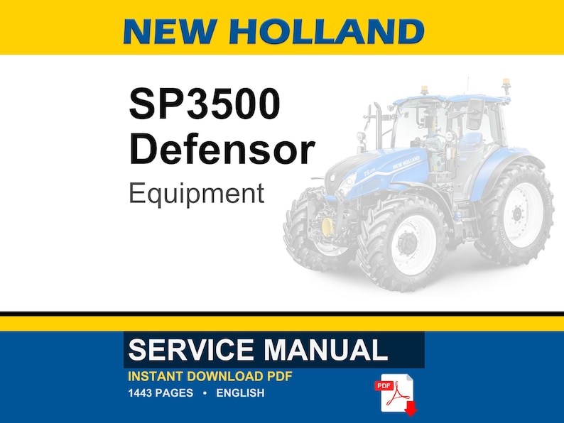 May include: A service manual for New Holland SP3500 Defensor Equipment. The image shows a blue and white tractor on a white background. The text includes "NEW HOLLAND", "SP3500 Defensor Equipment", and "SERVICE MANUAL". The manual is an instant download PDF.