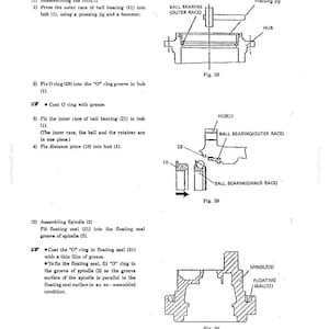 May include: A technical manual page titled 4.2.3 ASSEMBLY showing three diagrams labeled Fig. 28, Fig. 29, and Fig. 30. The illustrations depict the mechanical assembly process of a hub, ball bearing, O-ring, distance piece, spindle, and floating seal.