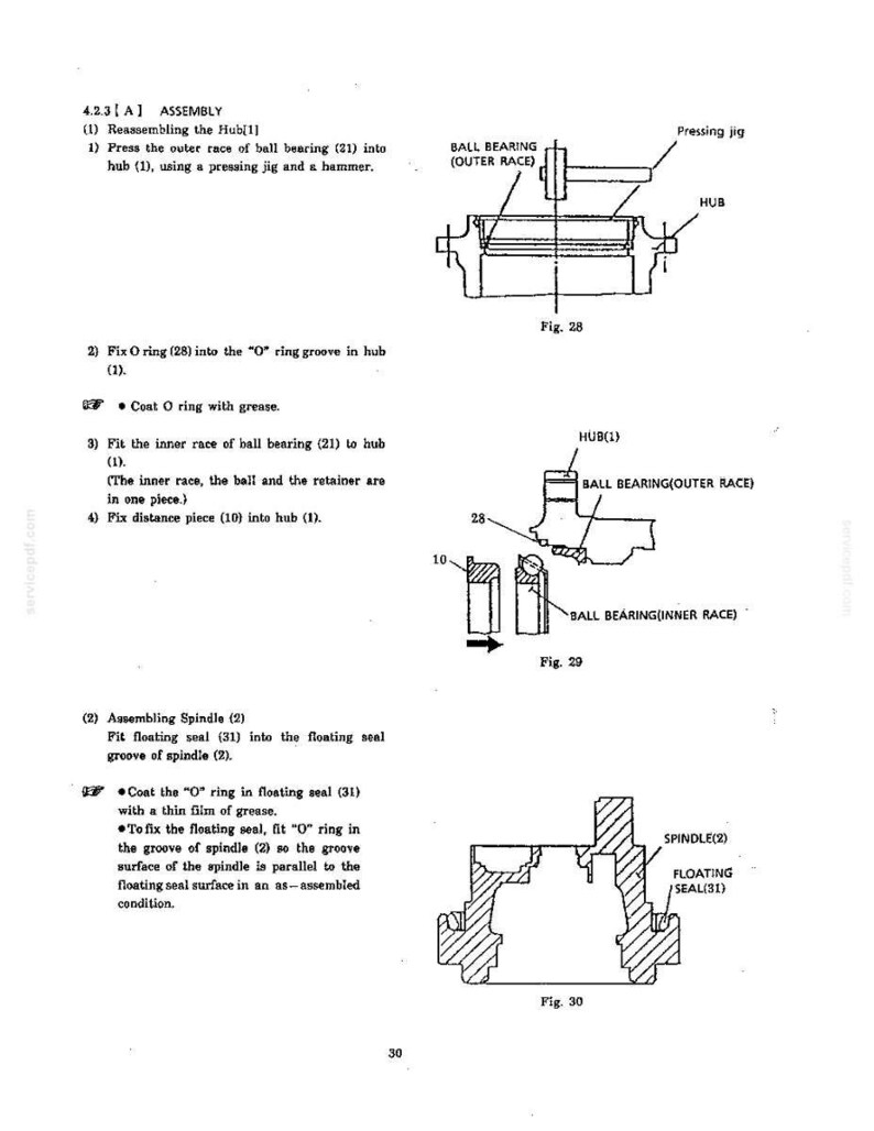 May include: A technical manual page titled 4.2.3 ASSEMBLY showing three diagrams labeled Fig. 28, Fig. 29, and Fig. 30. The illustrations depict the mechanical assembly process of a hub, ball bearing, O-ring, distance piece, spindle, and floating seal.
