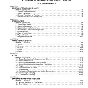 May include: A detailed table of contents from a technical manual, featuring sections on general safety, specifications, attachment dimensions, tools, and a standard maintenance time table. The document includes various subtopics and page numbers.