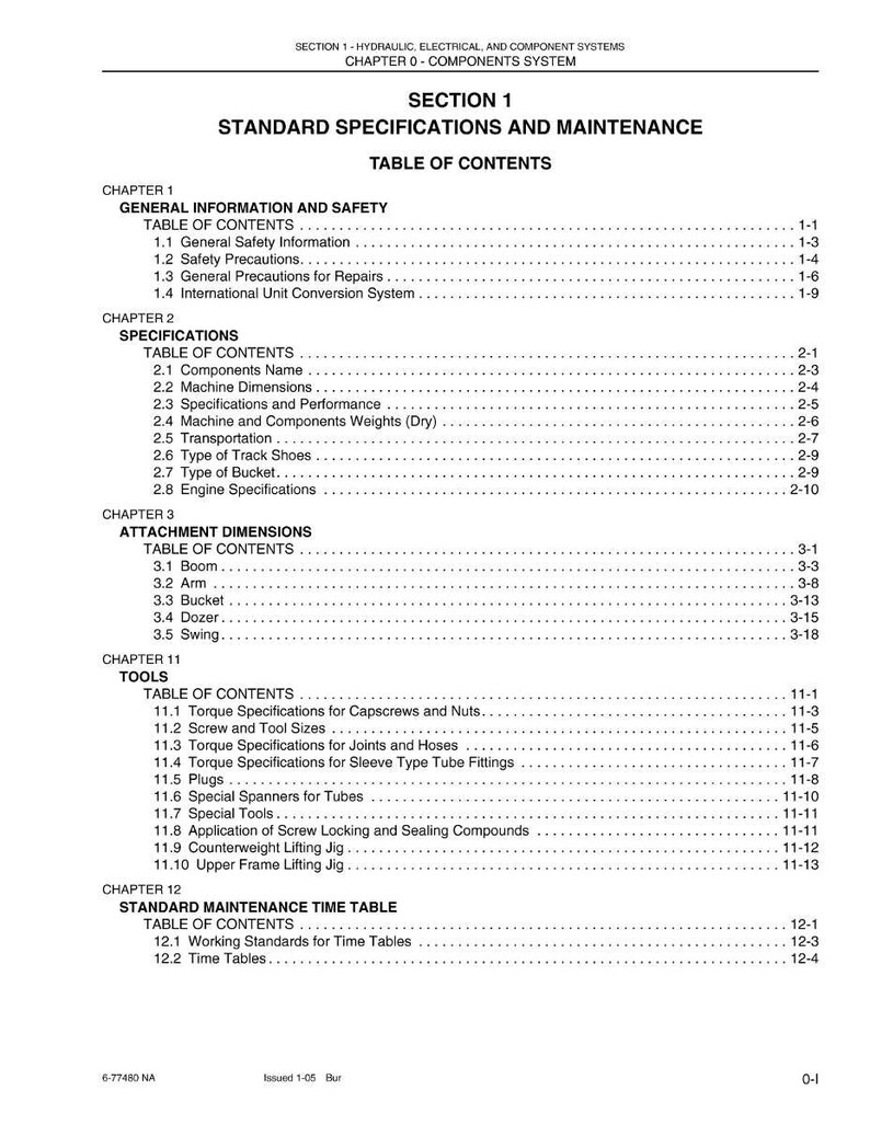 May include: A detailed table of contents from a technical manual, featuring sections on general safety, specifications, attachment dimensions, tools, and a standard maintenance time table. The document includes various subtopics and page numbers.