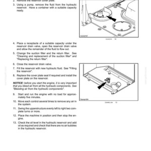 May include: A technical manual page titled 6-MAINTENANCE, detailing steps for replacing hydraulic fluid. It includes two black and white line drawings showing mechanical components, reservoir cover plates, and valves with arrows indicating specific parts.