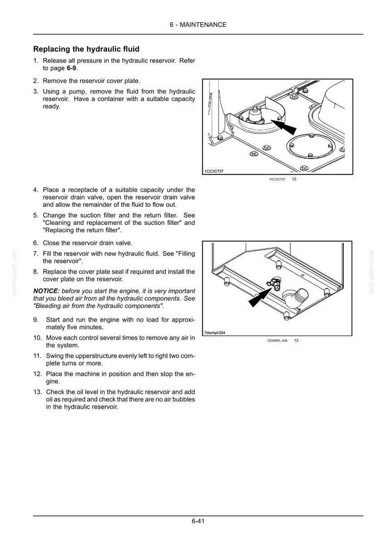 May include: A technical manual page titled 6-MAINTENANCE, detailing steps for replacing hydraulic fluid. It includes two black and white line drawings showing mechanical components, reservoir cover plates, and valves with arrows indicating specific parts.
