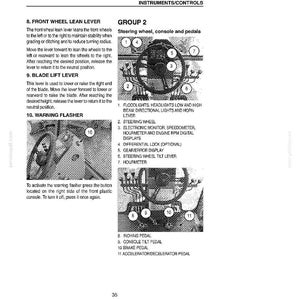 May include: Diagram of a vehicle's instrument panel, console, and pedals. Includes labels for the steering wheel, levers, pedals, and displays. Text includes instructions for the front wheel lean lever, blade lift lever, and warning flasher.