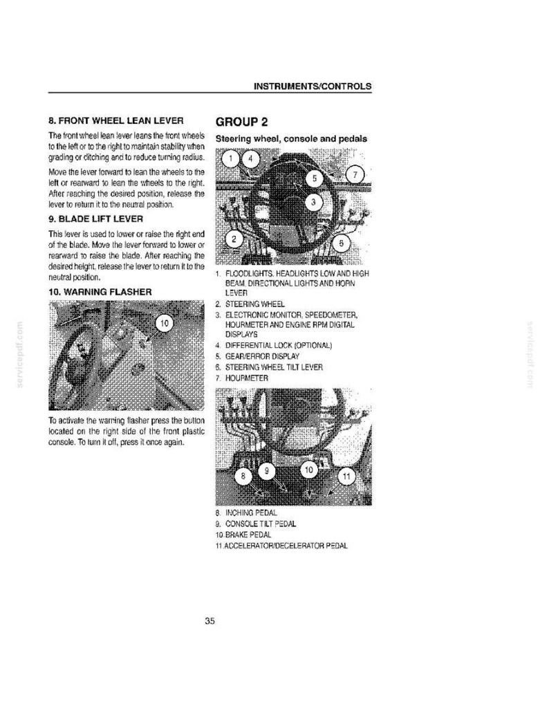 May include: Diagram of a vehicle's instrument panel, console, and pedals. Includes labels for the steering wheel, levers, pedals, and displays. Text includes instructions for the front wheel lean lever, blade lift lever, and warning flasher.