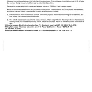 May include: A white document titled "Electrical systems - FAULT CODES" with troubleshooting steps for wiring harnesses. Includes instructions for measuring resistance and identifying faults in electronic steering systems.