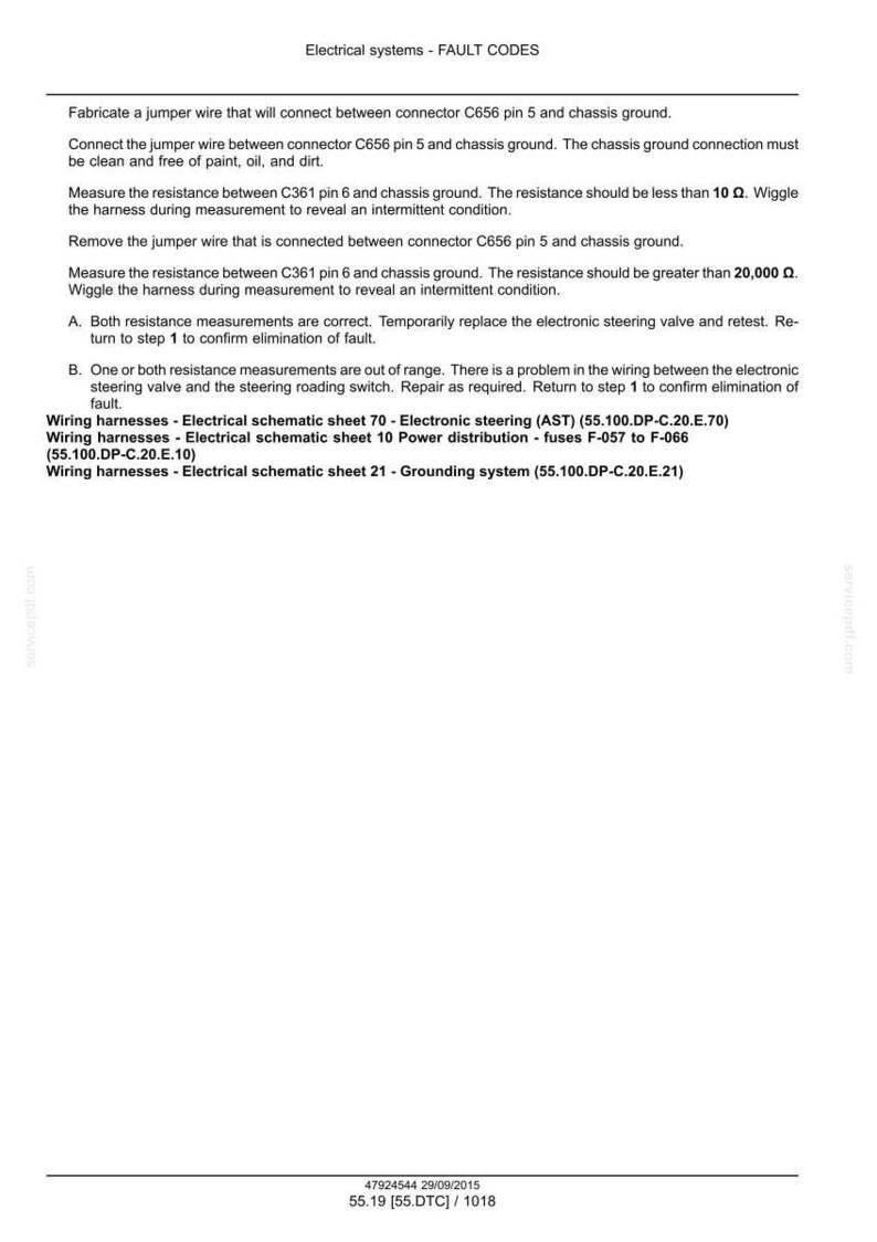May include: A white document titled "Electrical systems - FAULT CODES" with troubleshooting steps for wiring harnesses. Includes instructions for measuring resistance and identifying faults in electronic steering systems.