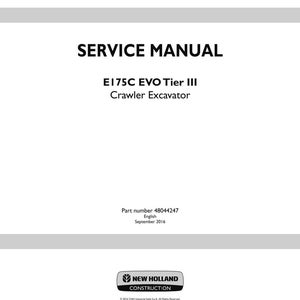 K&ouml;nnte beinhalten: Ein wei&szlig;es Servicehandbuch mit dem Titel "SERVICE MANUAL" in fetter schwarzer Schrift. Darunter steht "E175C EVO Tier III Crawler Excavator". Das New Holland Construction Logo befindet sich unten.