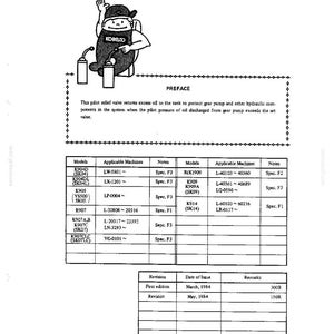 Op de afbeelding: Een technische documentpagina getiteld PREFACE met een stripfiguur met het Kobelco-logo op de kleding. De tekst legt de functies van de stuurontlastklep uit. Hieronder staat een tabel met machine-modellen, toepassingen en notities.