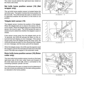 May include: Diagram of an electrical system, featuring labeled components like the net knife motor (13), net knife home position sensor (14), tailgate latch sensor (15), and rotor knife home position sensor (16). Includes text and technical illustrations.