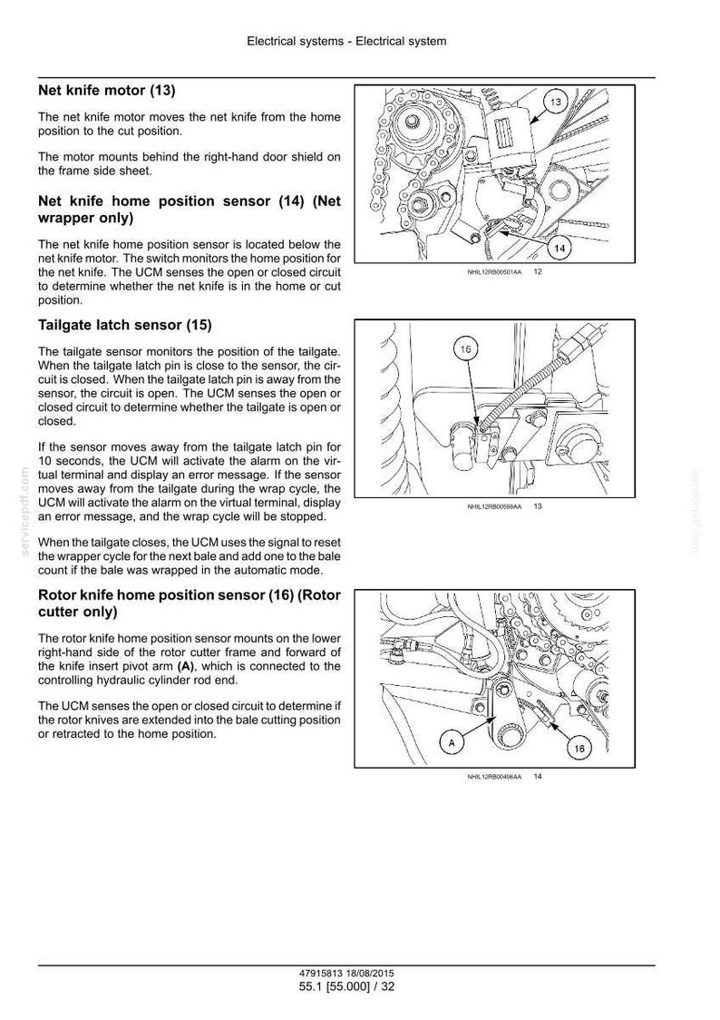 May include: Diagram of an electrical system, featuring labeled components like the net knife motor (13), net knife home position sensor (14), tailgate latch sensor (15), and rotor knife home position sensor (16). Includes text and technical illustrations.