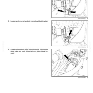 May include: Diagram of a rear axle system with arrows pointing to bolts and components. Text indicates steps for assembly and disassembly, including marking the pillow block bearing and removing bolts from the bracket and driveshaft.