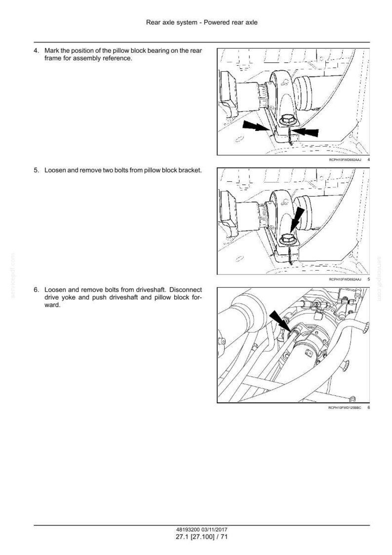 May include: Diagram of a rear axle system with arrows pointing to bolts and components. Text indicates steps for assembly and disassembly, including marking the pillow block bearing and removing bolts from the bracket and driveshaft.