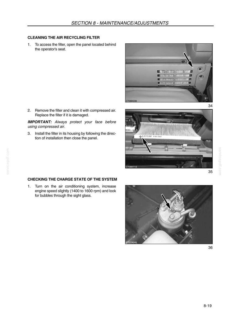 May include: A grayscale image from a maintenance manual detailing air filter cleaning and air conditioning system checks. The image includes diagrams with arrows pointing to components and text instructions. The text includes the words "MAINTENANCE/ADJUSTMENTS".