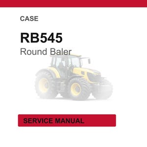 以下が含まれることがあります： この画像には、RB545 Round Balerという黄と黒のトラクターが写っています。「CASE」の文字が上にあり、「SERVICE MANUAL」という文字が赤い長方形の中に下にあります。トラクターは大きな車輪とキャビンを持っています。