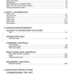 May include: A black and white document page titled Contents, listing sections for General Information, Safety Information, Controls/Instruments, and Operating Instructions for heavy machinery, with corresponding page numbers for each topic.