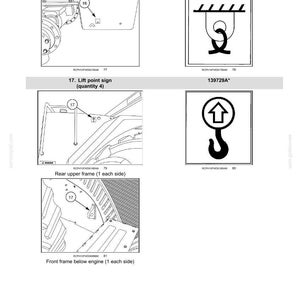 Pu&ograve; includere: Una pagina di documento tecnico intitolata 2-SAFETY INFORMATION che mostra diagrammi per i segnali di ancoraggio e di sollevamento. Include disegni al tratto in bianco e nero di parti di macchinari, indicatori di posizione e simboli di sollevamento.