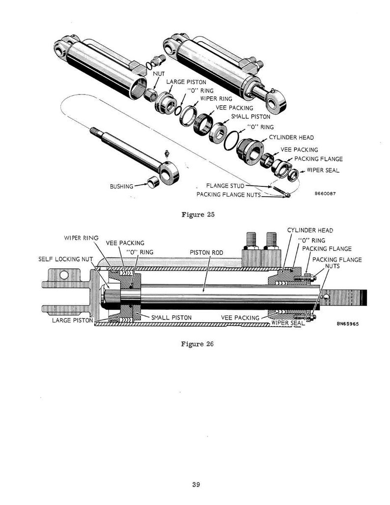 Może przedstawiać: Schemat rozłożeniowy cylindra hydraulicznego, pokazujący jego elementy. Obraz zawiera głowicę cylindra, tłoczysko, r&oacute;żne pierścienie i kołnierze uszczelniające. Rysunki 25 i 26 są opisane, z wymiarami w cm.