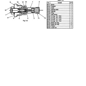 K&ouml;nnte beinhalten: Diagramm einer &Uuml;berdruckventilbaugruppe (Nr. 53) mit beschrifteten Komponenten wie Geh&auml;use, Poppet, Sitz, Feder und Sicherungsmutter. Tabelle 5-2 listet Teile und Mengen auf. Das Diagramm ist mit Fig. 5-2 beschriftet.