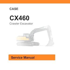 May include: White background with an orange header and footer. The text "CASE" is above the bold text "CX460" and "Crawler Excavator". Below is a faded image of an excavator. The text "Service Manual" is in an orange rectangle.