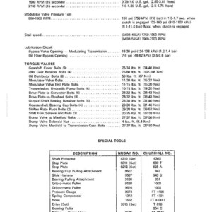 Op de afbeelding: Een pagina uit een handleiding met informatie over transmissiesystemen. Bevat koppelwaarden, specificaties van het smeercircuit en speciaal gereedschap. Amerikaanse publicatie.