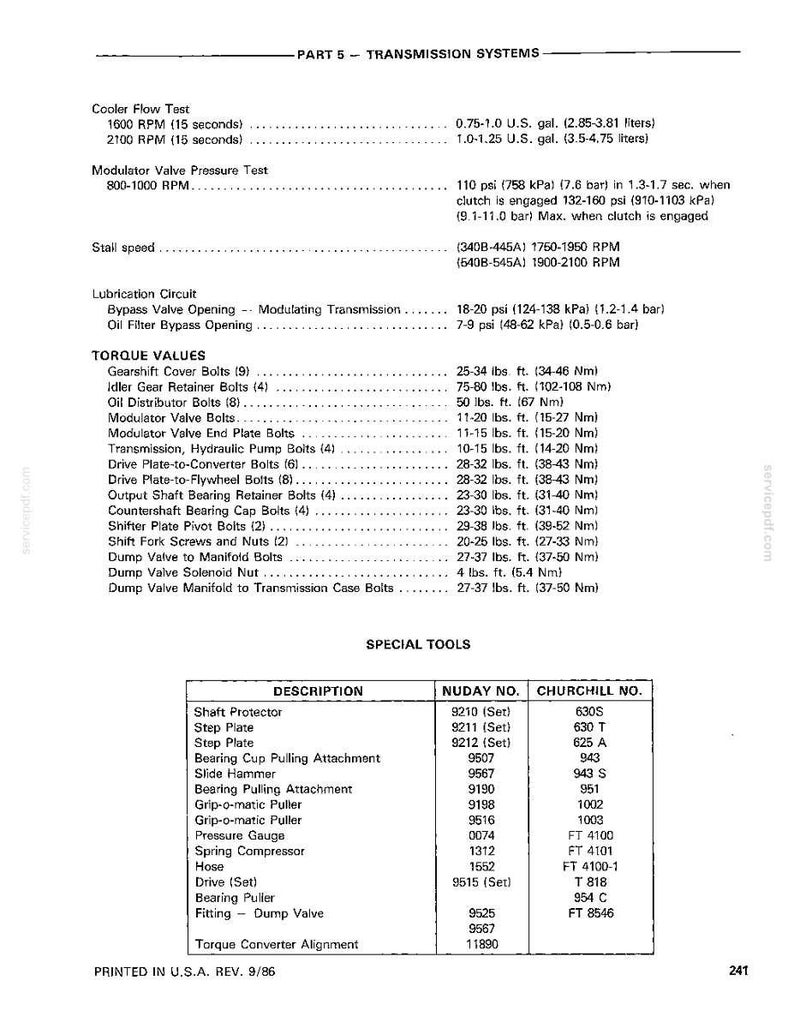 Op de afbeelding: Een pagina uit een handleiding met informatie over transmissiesystemen. Bevat koppelwaarden, specificaties van het smeercircuit en speciaal gereedschap. Amerikaanse publicatie.