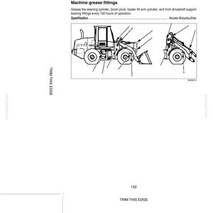 May include: Diagram of a front-end loader with labels for machine grease fittings. Text includes "100 Hour maintenance" and instructions for greasing components. The diagram is a black and white line drawing.