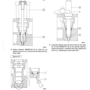 May include: Technical diagram of engine components with labels and instructions. Includes figures 213, 214, and 215, detailing steps like fastening extractors, lubricating sealing rings, and removing residue. Text includes safety instructions.