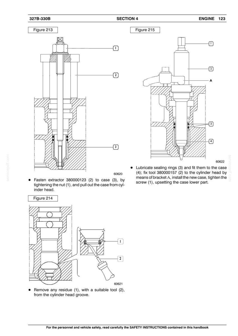 May include: Technical diagram of engine components with labels and instructions. Includes figures 213, 214, and 215, detailing steps like fastening extractors, lubricating sealing rings, and removing residue. Text includes safety instructions.