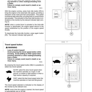May include: A technical manual page titled 3-CONTROLS/INSTRUMENTS featuring diagrams of an Auto Idle button and a Travel speed button. The text includes warnings regarding loss of control and instructions for operating the machine controls.