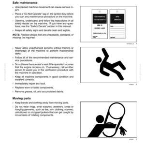 May include: A page from a machine service manual with safety information. It includes warnings about safe maintenance, moving parts, and the importance of following instructions. There are also safety symbol illustrations.