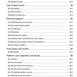 May include: A detailed table of contents from a manual, featuring sections on wheels, cab climate control, electrical systems, and front loader components. The document includes page numbers and sub-sections.