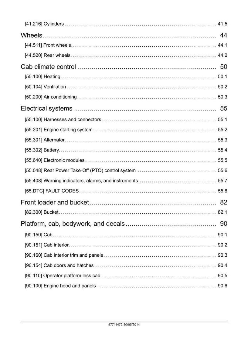 May include: A detailed table of contents from a manual, featuring sections on wheels, cab climate control, electrical systems, and front loader components. The document includes page numbers and sub-sections.