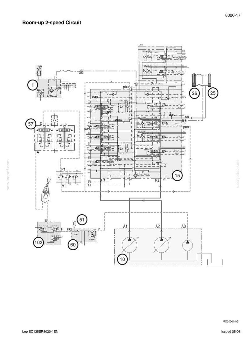 May include: Diagram of a boom-up 2-speed circuit, featuring various components labeled with numbers and letters. The schematic is in black and white, with dashed lines connecting the elements. Text includes "Boom-up 2-speed Circuit" and "Lep SC135SR8020-1EN."
