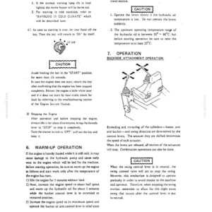 May include: A technical manual page featuring black text and line drawings detailing heavy machinery operation. It includes instructions for engine warm-up, starting procedures, and backhoe attachment control, with diagrams showing key positions and lever movements.