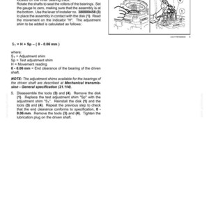 May include: Diagram from a mechanical transmission manual, illustrating the installation of a disk and adjustment shims. Includes numbered components and text instructions for assembly and measurement. The image is in black and white.